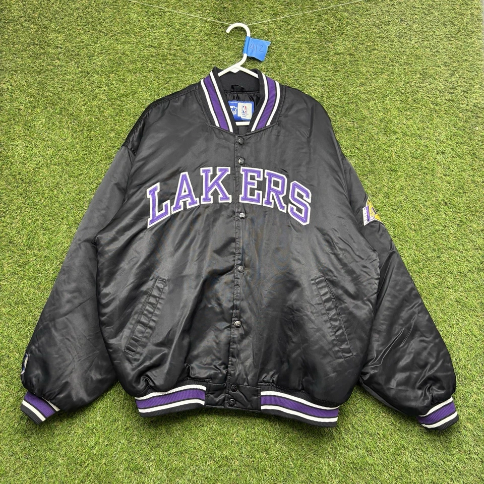 Chaqueta de iniciación vintage de Los Angeles Lakers para hombre 2XL XXL negra satinada a presión universitaria Foto 1 de 4
