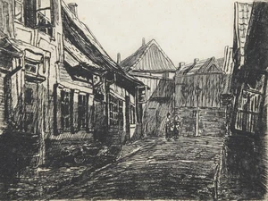 Unbekannt unleserlich signiert / Radierung 1922 dunkler Hinterhof Frauen - Picture 1 of 16