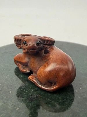 Vintage Hand-Carved Ojime Bead Ox Laying Down 1” Tall Boxwood Signed Netsuke - Image 1 of 4
