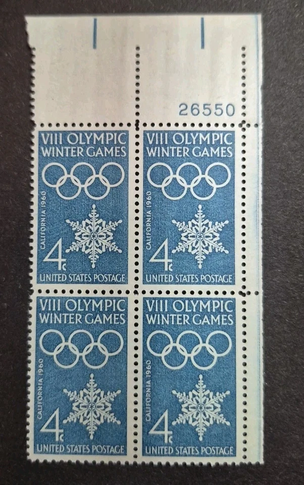 1960 US Stamp  #1146 -4cent   Winter Olympics Plate Block of 4 MNH - Image 1 of 2