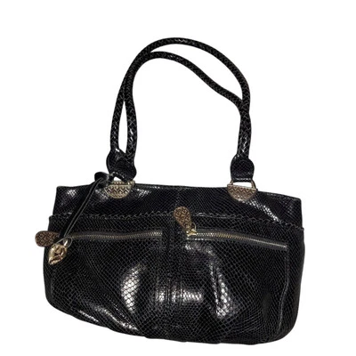 BRIGHTON Black Leather Snake Embossed Satchel Shoulder Bag Purse Silver Accents  - Image 1 of 4
