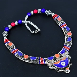 Lapis Lazuli Red Coral Ethnic 925 Sterling Silver Tibetan Nepali Necklace 18" F3 - Picture 1 of 10