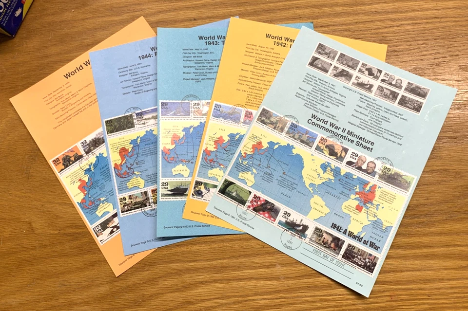 US FDC 1991-95 5 Souvenir Pages World War II 5 Sheets 50 Stamps 1941-45 | - Image 1 of 1