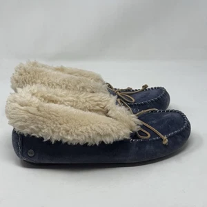 UGG Alena Slippers Womens 9 Blue Suede Shearling Cuff Moccasins Shoes Booties - Picture 1 of 16