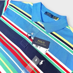 Polo Ralph Lauren Shirt Mens 2XB Blue Multi Striped Short Sleeve Mesh Cotton New - Picture 1 of 9
