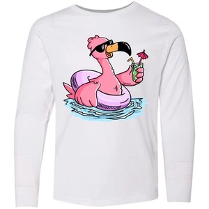 Inktastic Flamingo With Sunglasses Pool Float And Youth Long Sleeve T-Shirt I - Picture 1 of 2