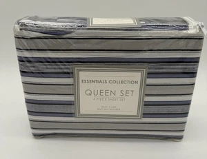 Essentials Collection Microfiber 4-pc Queen Sheet Set Blue White Stripe NEW - Picture 1 of 3