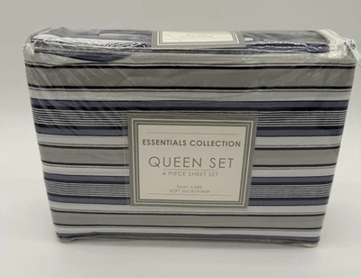 Juego de sábanas Queen de microfibra Essentials Collection 4 piezas azul blanco a rayas NUEVO Foto 1 de 3