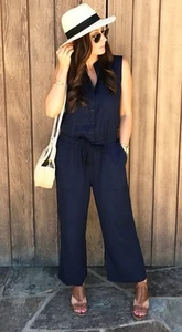 Lauren Ralph Lauren Women’s Jumpsuit Sleeveless Wide Leg Belted Navy Size 10P - Picture 1 of 8