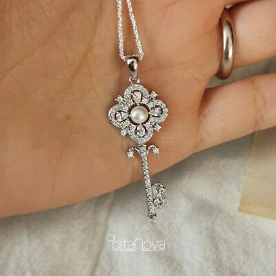 Collana catenina pendente argento 925 chiave donna perla zircone zirconi pearl - Immagine 1 di 4