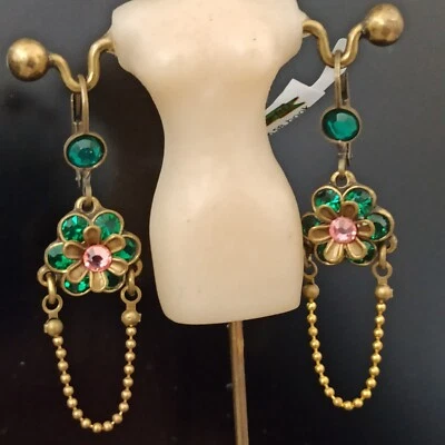Michal Negrin Earrings Long Deep Green Chain Flower With Swarovski Crystal Gift - Image 1 of 4