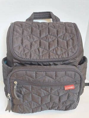 Skip Hop Forma Quilted Diaper Backpack Bag black Zipper Pockets turquoise lining - Image 1 of 4