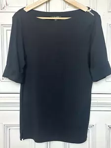 NEW Lauren Ralph Lauren W's Sz M Top Cuffed Short Sleeve Black Gold Zip Accent - Picture 1 of 11