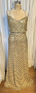Adrianna Papell Womens Beige Mesh Sleeveless Gold Beaded/Sequin Event Gown Sz 4  - Picture 1 of 17