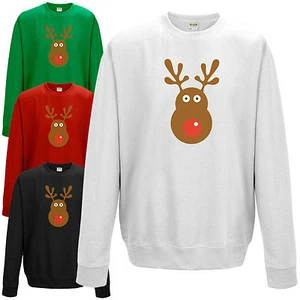 Rudolph Reindeer Face Sweatshirt - Christmas Retro Rudolf Xmas Gift Jumper Top - Picture 1 of 5