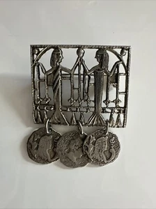 Vintage Egyptian Ladies Pin Brooch Toasting Each Other Silver Tone Coins Dangle - Picture 1 of 5