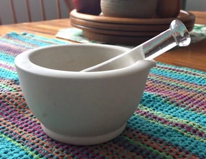 Antique Apothecary Mortar & Pestle Earthenware and glass T. M. S. Co. marked 1/0 - Picture 1 of 10