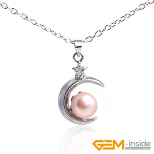 Natural Freshwater Pearl Moon Pendant Necklace White Gold Plated Jewelry 9-10mm  - Picture 1 of 28