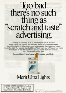 1989 Vintage Print Ad Merit Ultra Lights Too bad no scratch & taste advertising - Picture 1 of 2
