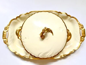 ANTIQUE RARE CHINA CFH GDM FRANCE FRENCH CASSEROLE POT AND PLATTER WITH GOLD RIM - Picture 1 of 10