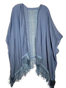 Signature Small Medium Kimono Blue With Blue Fringe Polyester Rayon Blend EUC - Picture 1 of 6