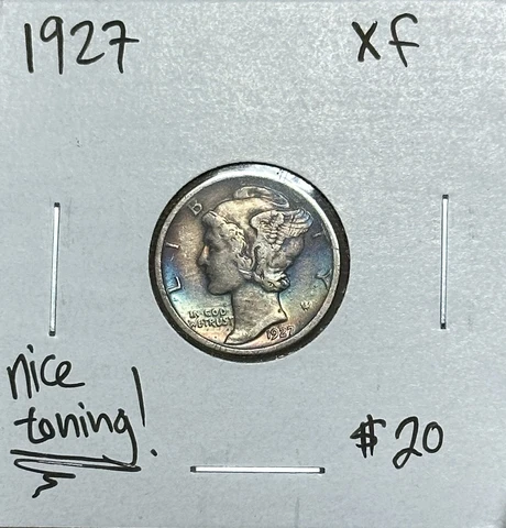 1927 P Mercury Dime Choice XF w/ Lots Of Toning! Cover