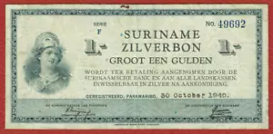 SURINAME 30. 10. 1940 ZILVERBON GROOT EEN GULDEN P-105a.5 VF - Picture 1 of 2