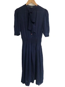CHANEL CREATIONS Vtg 70's 80's Navy Tie Puff Short Sleeve Silk Midi Dress ~ M/L - Picture 1 of 6