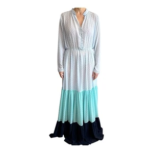 Saloni Size 12 (8 US) Pale Blue & Navy Alexia Maxi Boho Dress Designer NWT - Picture 1 of 24