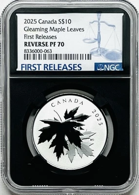 2025 $10 CANADA .9999 SILVER NGC REV PROOF PF70 GLEAMING MAPLE LEAF LEAVES - FR - Image 1 of 4