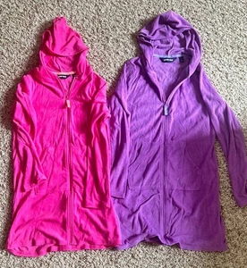 2 Lands End Kids Cotton Terry Hooded Long Sleeve Swim Cover Up zip dress M/L - Picture 1 of 2