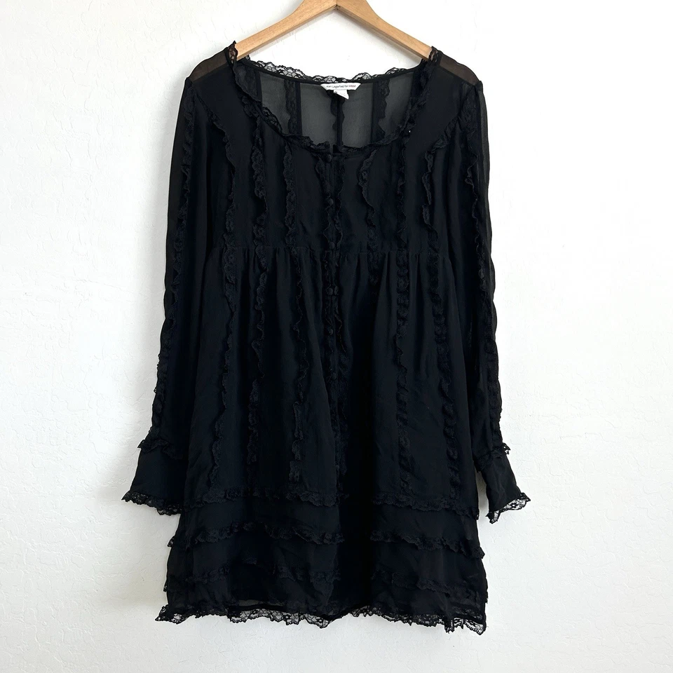 H&M Karl Lagerfeld Dress 8 Mini Silk Long Sleeve Lace Sheer Lined Gothic Black - Image 1 of 4