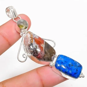 Laguna encaje ágata, lapislázuli piedras preciosas 925 plata esterlina colgan... - Imagen 1 de 5