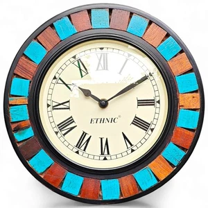 Handcrafted Wooden Wall Clock 10 Inch  Vintage Ethnic Design with Blue & Brown  - Picture 1 of 5