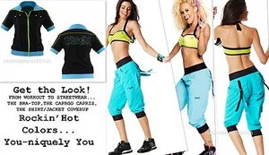 ZUMBA 3Pc.SET~CARGO CAPRI PANTS & HALTER BRA TOP S Or M & Zip-Up SHIRT/JACKET-S - Picture 1 of 5