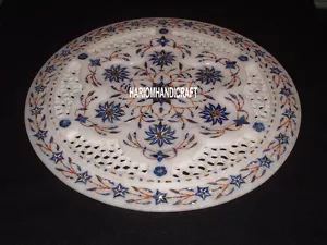 16" Alabaster Marble Stone Inlaid Plate Filigree Work Dining Room Gifts H4052C - Picture 1 of 4