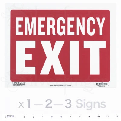 BAZIC EMERGENCY EXIT Sign Door Signs Store Office Shop Safety Red White 9x12" PVC