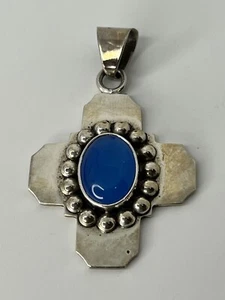 Sterling 925 Vintage BLUE Chrysoprase Taxco Mexico TG-117 Pendant Cross - Picture 1 of 7