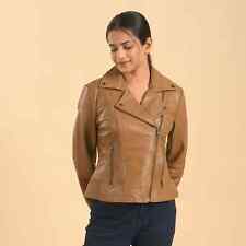 Women MEGA LA MAREY Tan Lambskin Leather Lapel Collar Moto Jacket -L