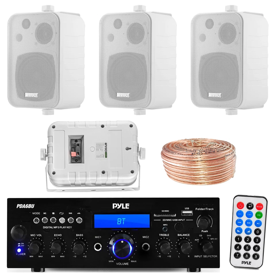 PDA6BU Bluetooth USB Receiver, 4" White Box Speakers, 18 Gauge 50FT Speaker Wire - Image 1 of 1