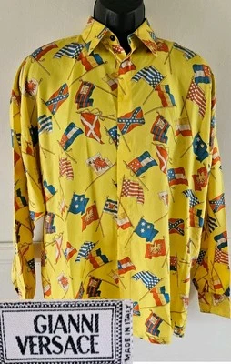 VTG AUTH GIANNI VERSACE Flags AOP Silk Shirt Sz Italy 50 (XL/XXL) ca 1993 Miami  - Image 1 of 4
