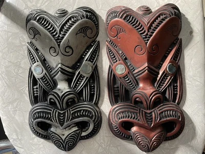Pair of Rare Early Maori Koruru Tiki Plasterware Mask Paua Abalone Eyes NZ - Image 1 of 4