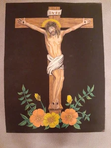 Vintage Felt Jesus Crucifix Painting 1970's  9x12 - Picture 1 of 9