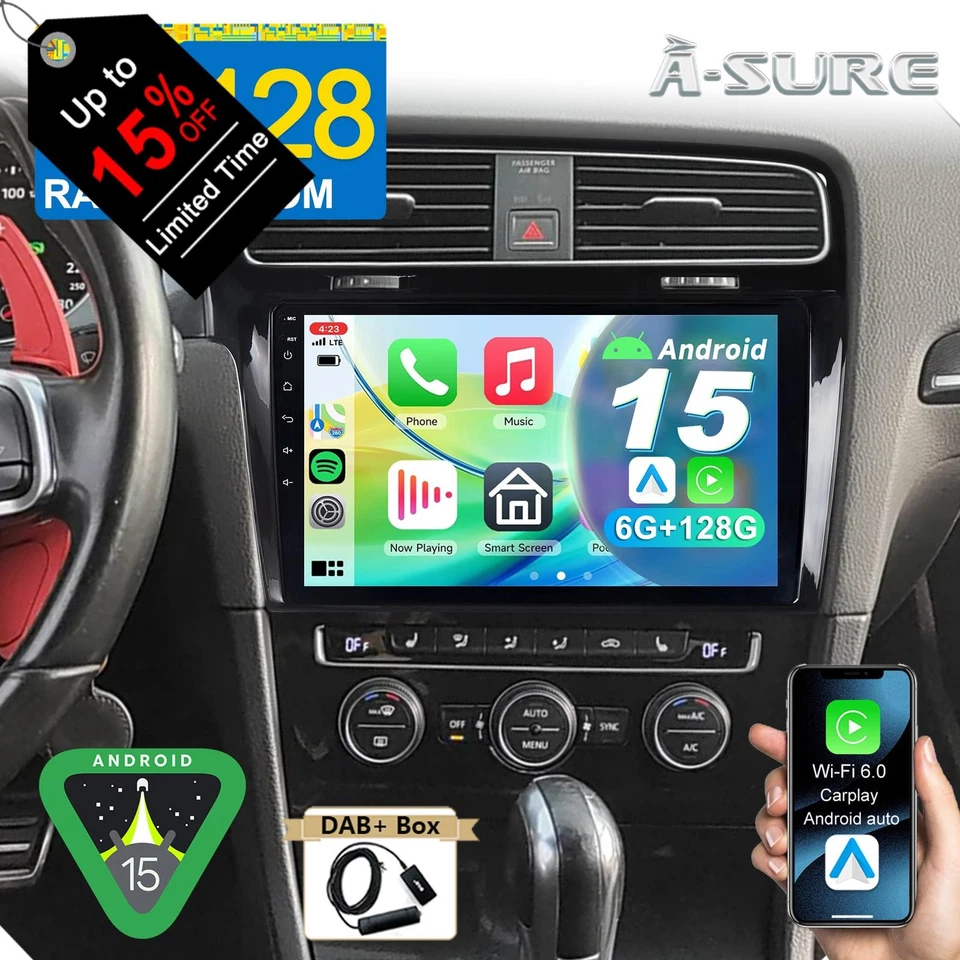 DAB+ 6+128G Android 15 AutoRadio Carplay BT GPS Navi Für VW Golf 7 MK7 2012-2017 - Bild 1 von 4