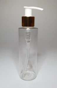 100ml PET Plastic Clear Cylindrical Bottles & Shiny Gold/White Lotion Pump - Picture 1 of 1