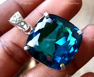 80 Ct+ Green Bluish Topaz Garmen Silver Solitaire Cushion Shape Gemstone - Picture 1 of 9