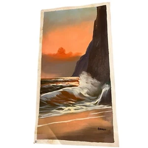 Vintage Sunset painting mid century oil Beach Scape Unstretched 12x24 Canvas - Picture 1 of 14