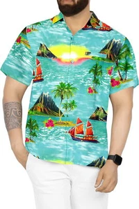 LA LEELA Mens Hawaiian Short Sleeve Button Down Shirts XL Beach Sunset, Green - Picture 1 of 3