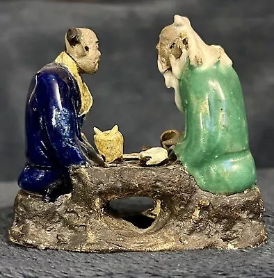 Early 1900s Manchu Dynasty 2 Seated Sages Chinese Mudmen Figurines - Image 1 of 4