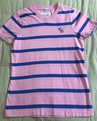 Boys Abercrombie & Fitch short sleeve v-neck muscle t-shirt pink/blue stripe L - Image 1 of 4